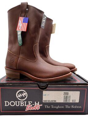 Vintage Double-H Boots Mens 9.5 D Brown Leather 11 Ranch Wellington USA NWB 2555